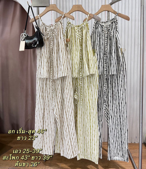 Women Stripes Drawstring Tie Tops With Trousers sets